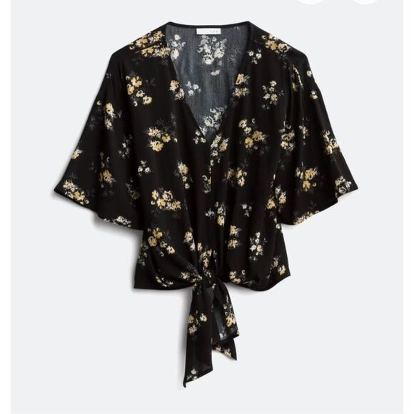 Womens LUQ Rhee Black Floral Print Tie Front Top Blouse - Sz L - Picture 1 of 2